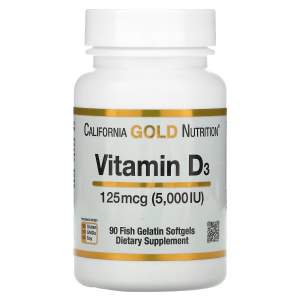 California Gold Nutrition, Витамин D3, 125 мкг (5000 МЕ), 90 рыбно-желатиновых мягких таблеток California Gold Nutrition, Витамин D3, 125 мкг (5000 МЕ), 90 рыбно-желатиновых мягких таблеток